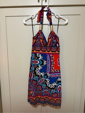 Cache Multicolor Halter Mini Dress with Bold Paisley Print